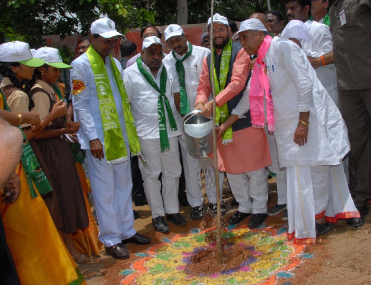 Chief Minister K Chandrashekar Rao, Union Minister Prakash Javadekar and others planting a sapling at Mothe village in Velpoor mandal in Nizamabad district on Monday